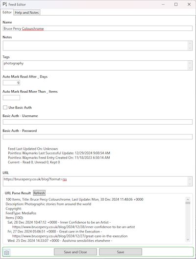 2024 December Pointless Waymarks Feed Reader Feed Editor with Auto Mark Options