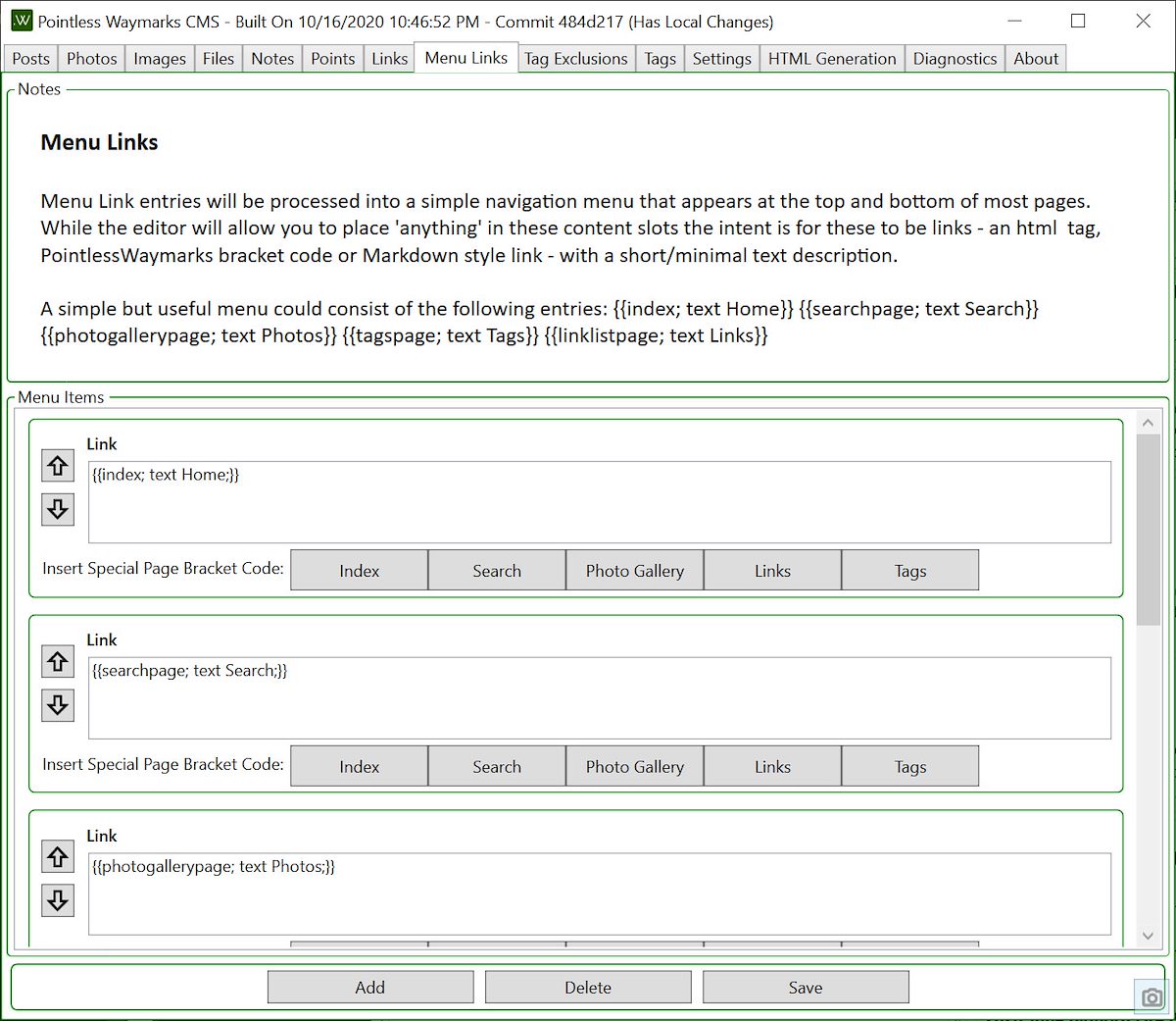 2020 October Pointless Waymarks CMS Menu Links Editor