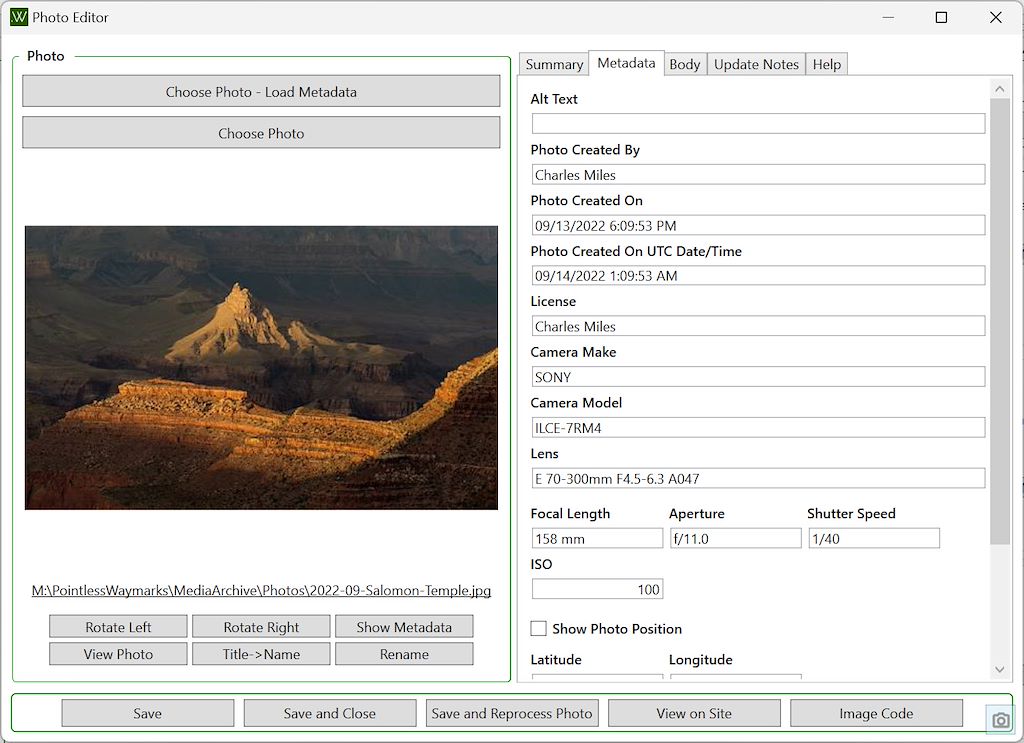 2024 October Pointless Waymarks CMS Photo Editor Showing File And Photo Metadata